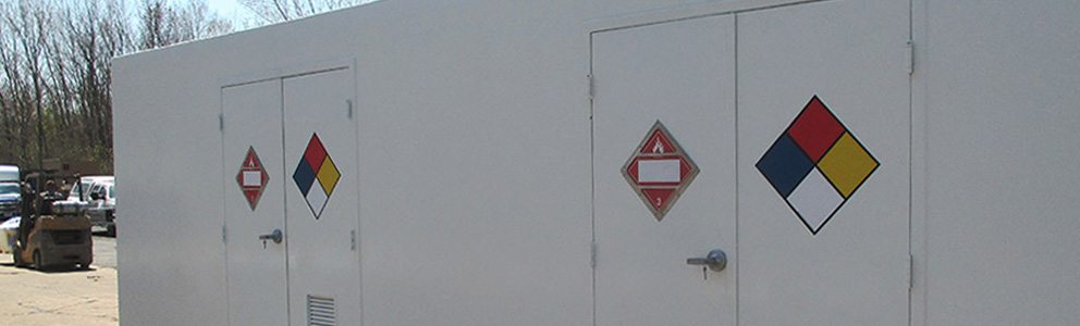 Hazardous materials symbols on chemical storage building